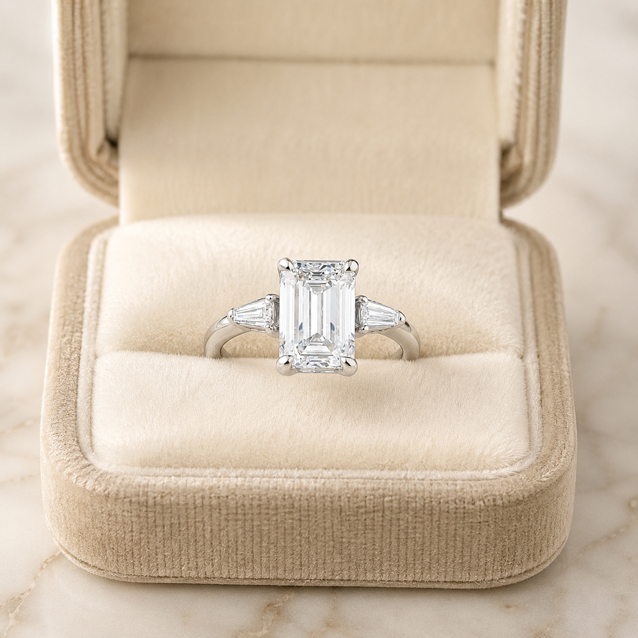 Emerald Cut Lab Grown Diamond Engagement Ring Three Stone 14K White Gold Tapered Baguette,  E VVS2