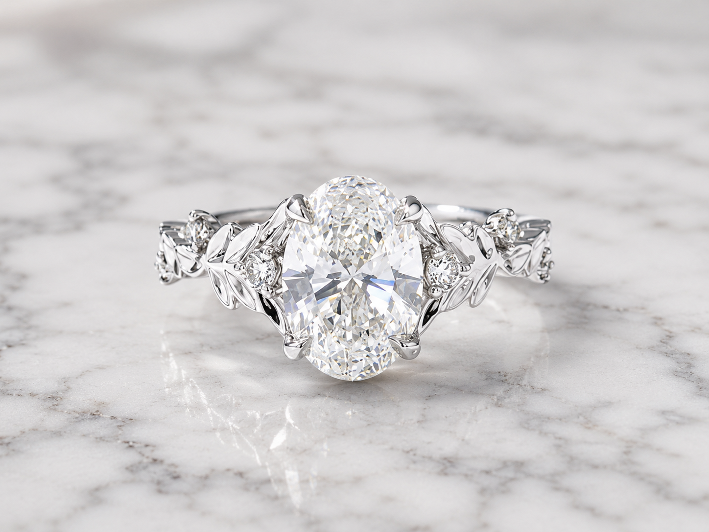 Oval Lab Grown Diamond Floral Engagement Ring in White Gold