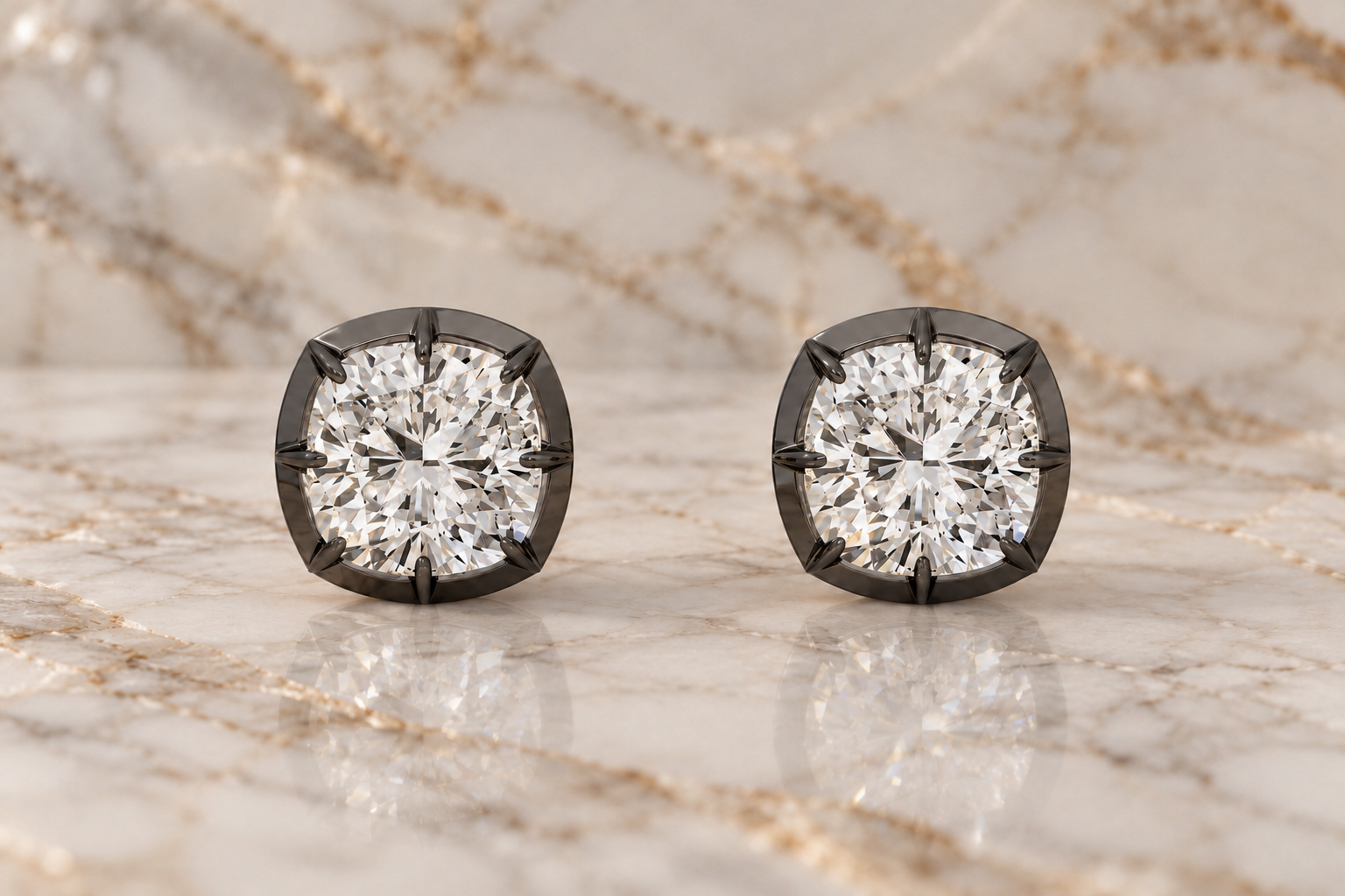 Cushion Lab Grown Diamond Stud Earrings Prong 14K Black Rhodium Gold IGI Certified