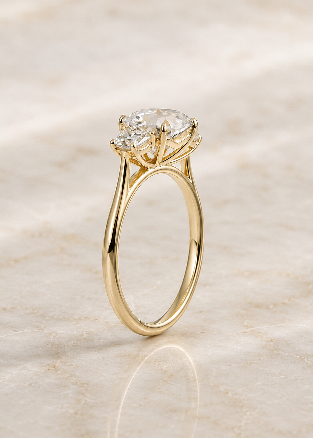Asscher Cut Lab Grown Diamond Engagement Ring Three Stone 14K Yellow Gold Trapezoid Side Stones