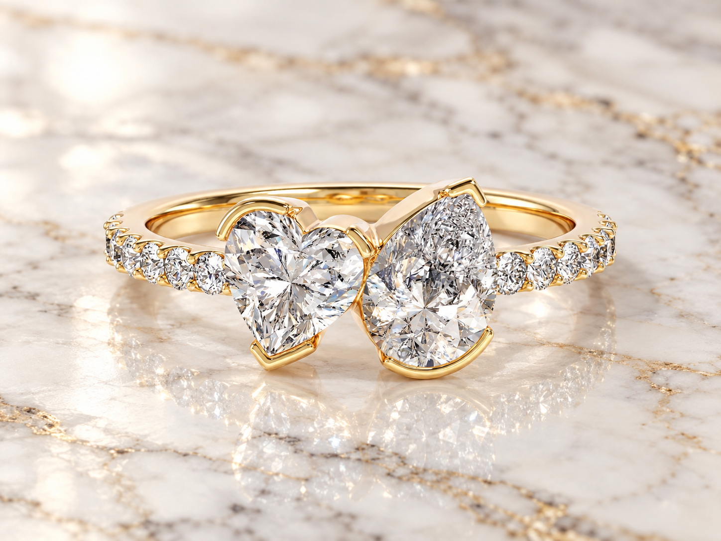 Toi et Moi Lab Diamond Engagement Ring: Heart & Pear Cut, 14K Gold Pave Band
