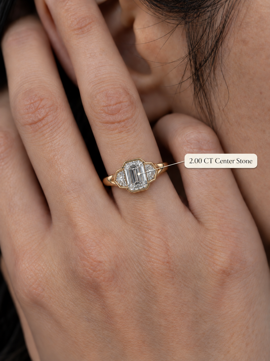 Emerald Cut Lab Grown Diamond Engagement Ring Three Stone Bezel 14K Rose Gold Cadillac Side Stones