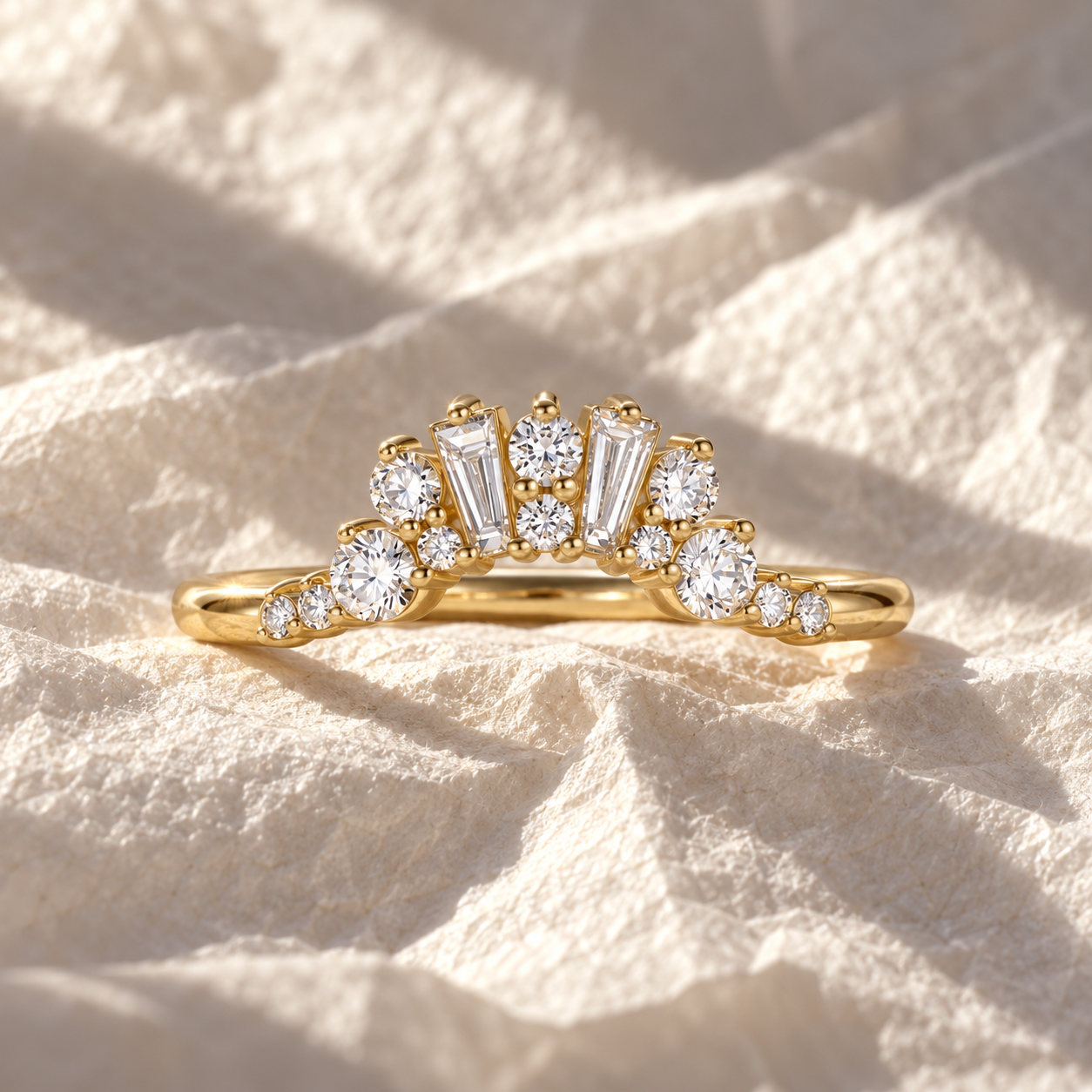 Art Deco Diamond Wedding Band Baguette & Round Cluster 14K Yellow Gold Lab Grown Diamonds