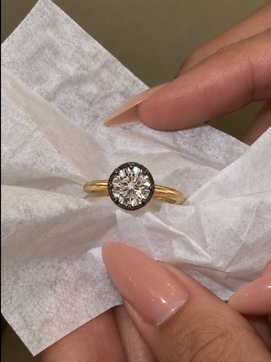 Lab-Grown Diamond Engagement Ring: Black Gold Bezel-Prong Setting, 14K Yellow Gold Band