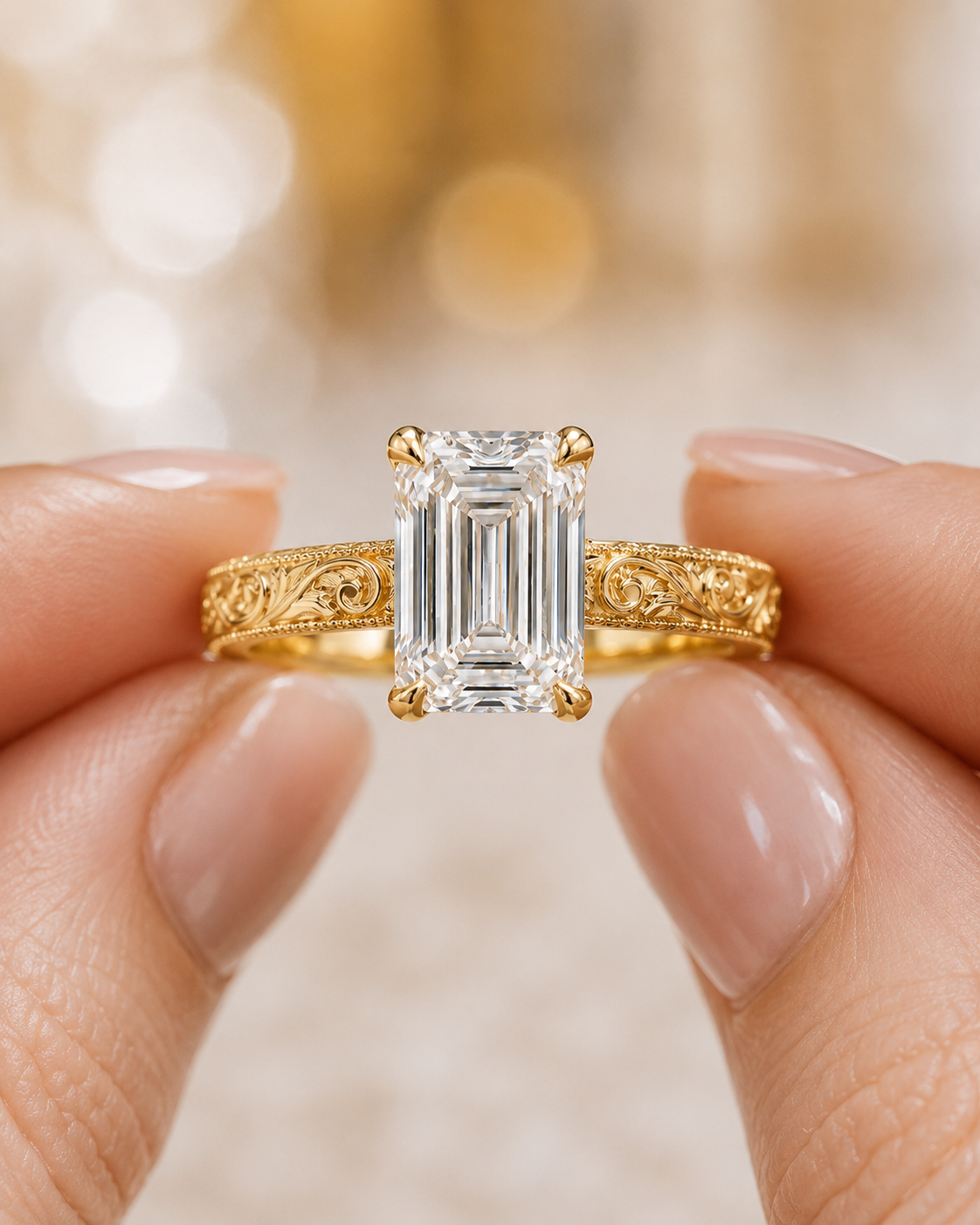 Emerald Cut Lab Grown Diamond Engagement Ring Vintage Solitaire 14K Yellow Gold IGI Certified 3ct
