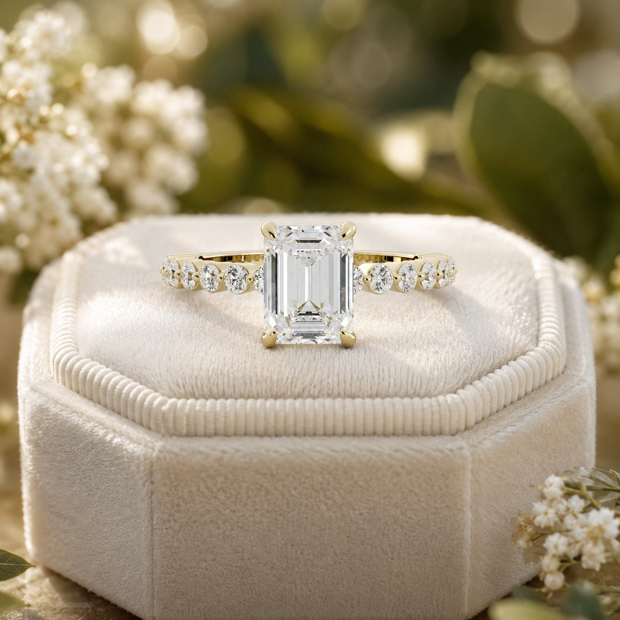 Emerald Cut Lab Grown Diamond Engagement Ring Solitaire 14K Yellow Gold Shared Prong Diamond Shank