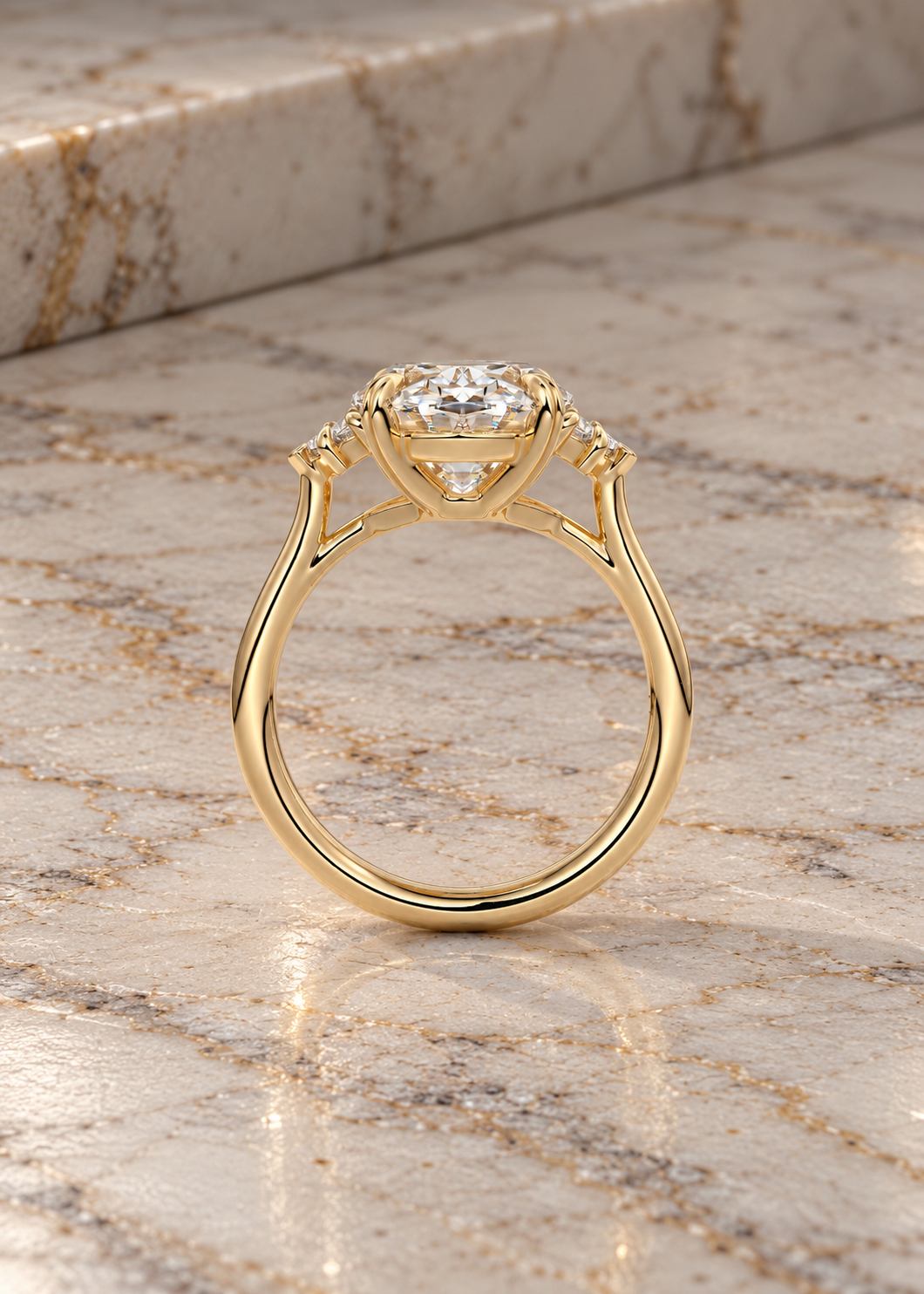 Oval Lab Grown Diamond Engagement Ring Three Stone Cadillac 14K Yellow Gold IGI Certified