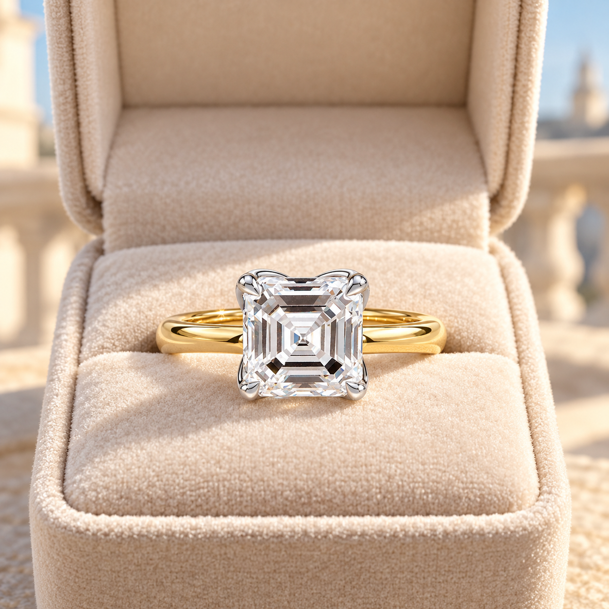 Asscher Lab Grown Diamond Engagement Ring Solitaire Two-Tone 14K Yellow Gold Tulip Prong Setting