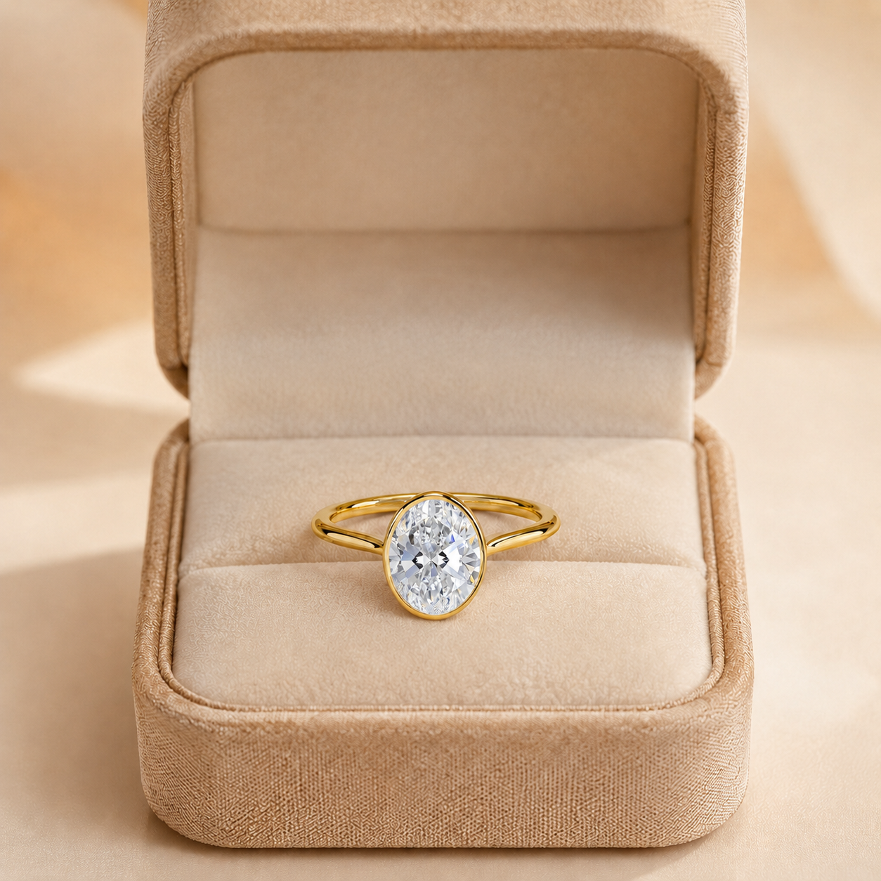 Oval Lab Grown Diamond Engagement Ring Bezel Solitaire 14K Yellow Gold E Color, IGI Certified