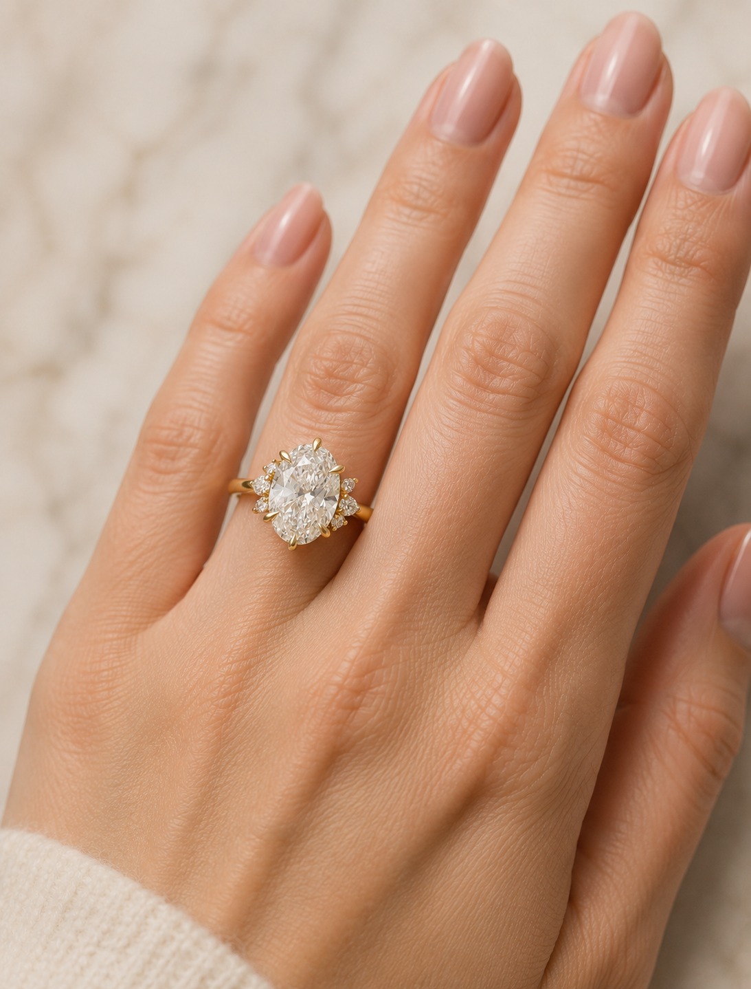 Oval Lab Grown Diamond Engagement Ring Cluster Pear Accent 14K Yellow Gold IGI Certified E VVS2