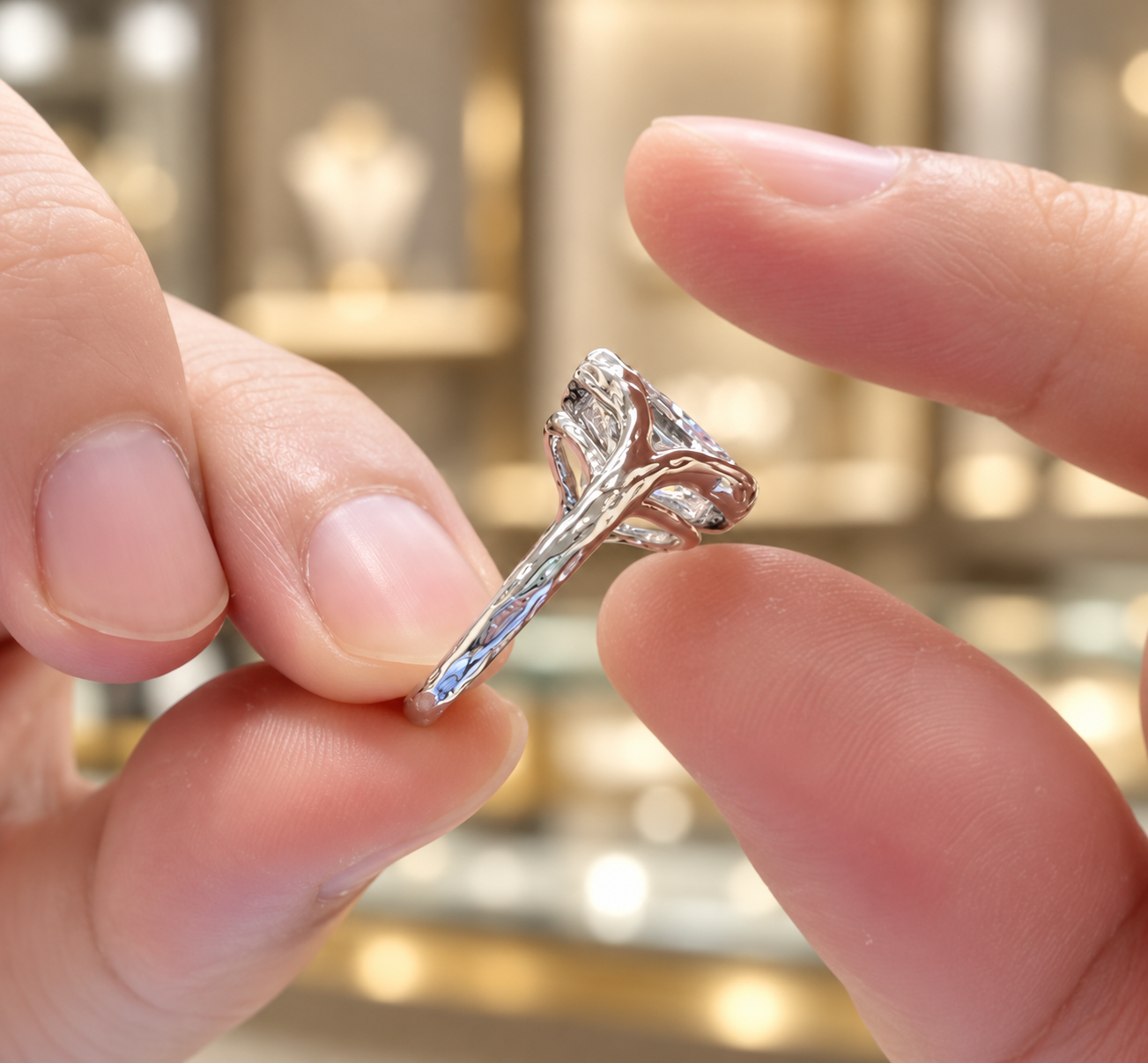 Radiant Cut Lab Grown Diamond Engagement Ring Organic Freeform Bezel 14K White Gold Split Shoulder Solitaire