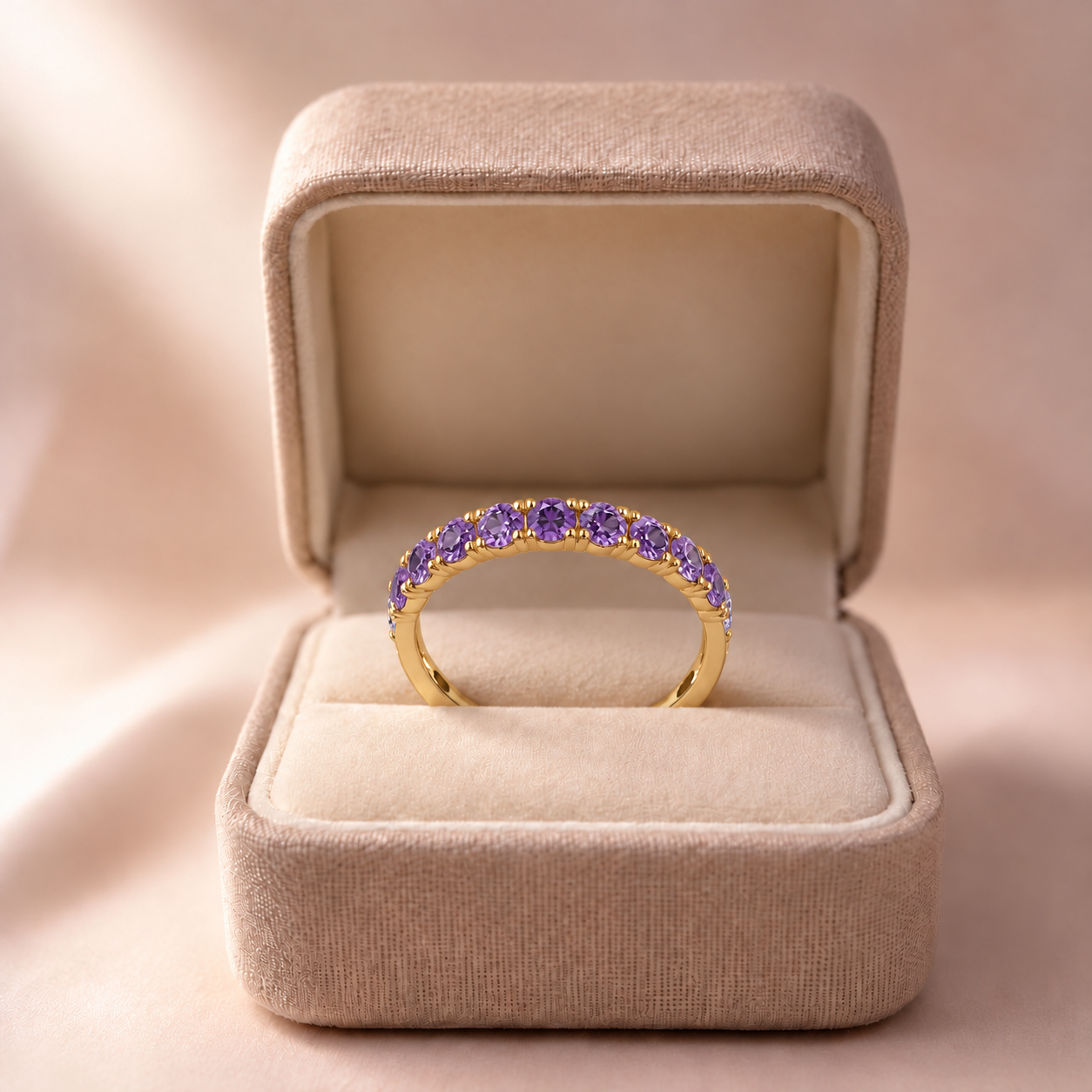 Amethyst Lab Grown Diamond Pave Wedding Band Prong-Set 14K Yellow Gold Stackable Ring for Her