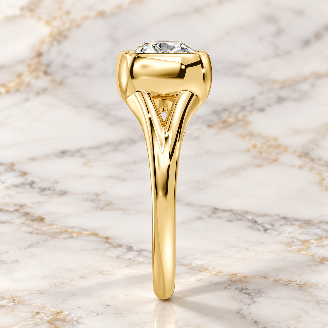Old Mine Cut Lab Grown Diamond Ring, East-West Bezel, 14K Yellow Gold Split Shank
