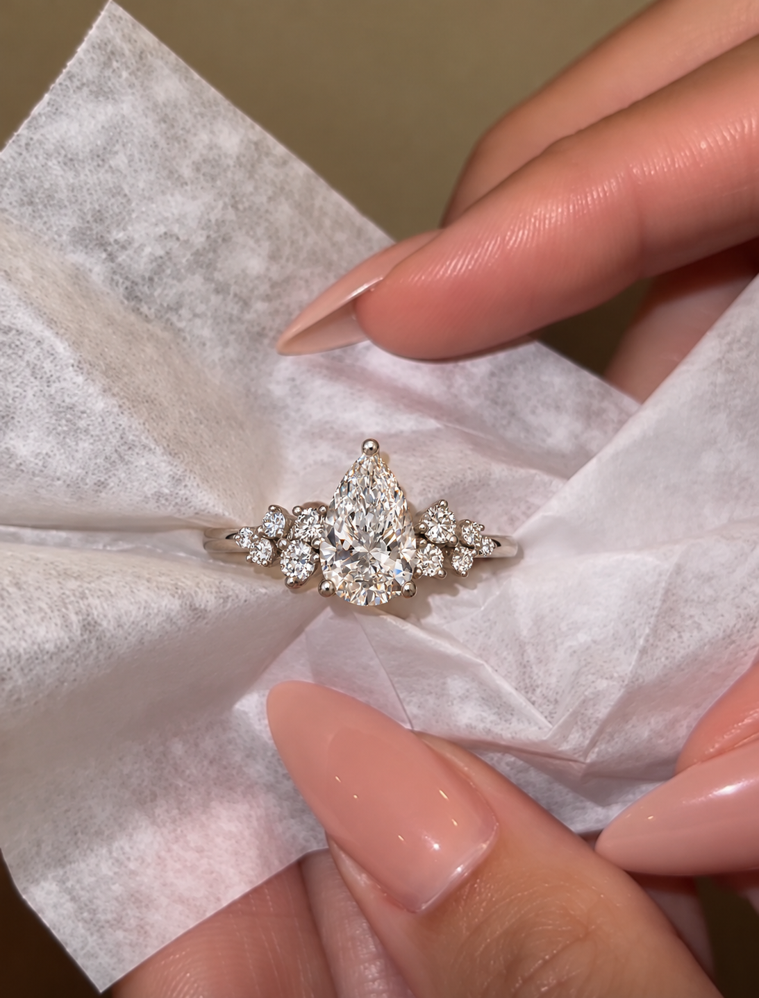 Pear Lab Grown Diamond Cluster Engagement Ring Side Stone 18K Rose Gold E VVS2, IGI Certified