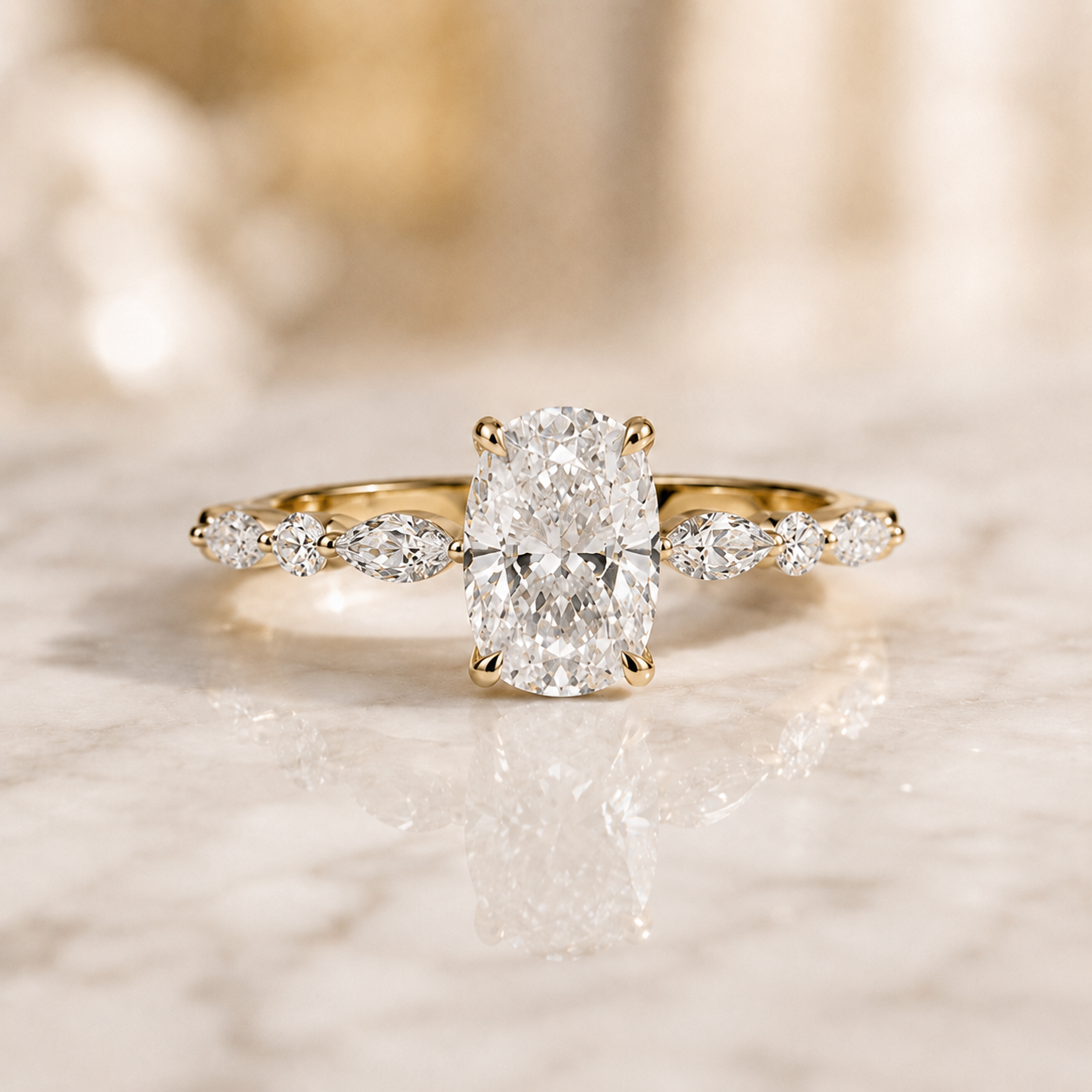 2ct Elongated Cushion Lab Grown Diamond Engagement Ring – 18K Yellow Gold Hidden Halo