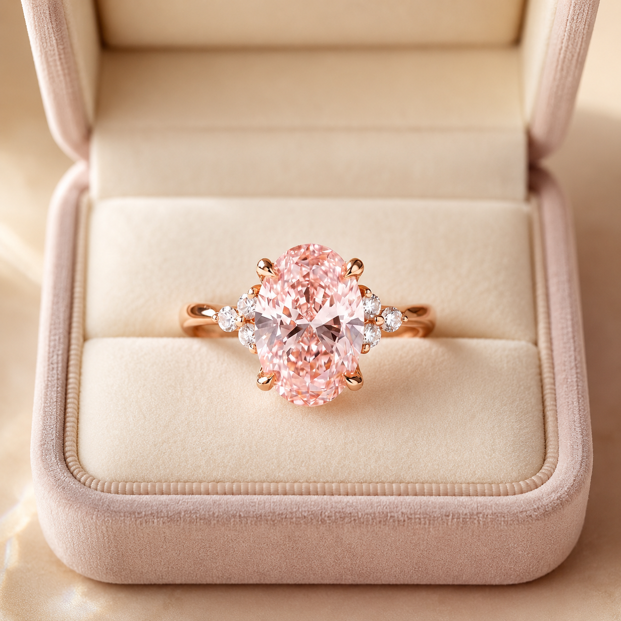 Pink Oval Lab Grown Diamond Engagement Ring Accent Cluster 14K Rose Gold IGI Certified 3.46 Carat