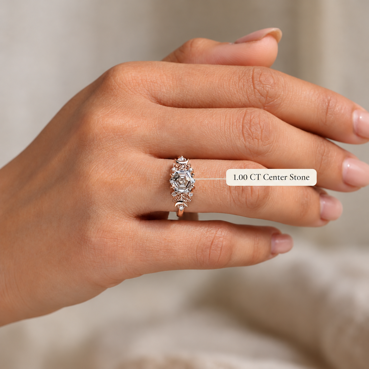 Hexagon Step Cut Lab Grown Diamond Engagement Ring Vintage Milgrain 14K Rose Gold Crescent Moon Accents