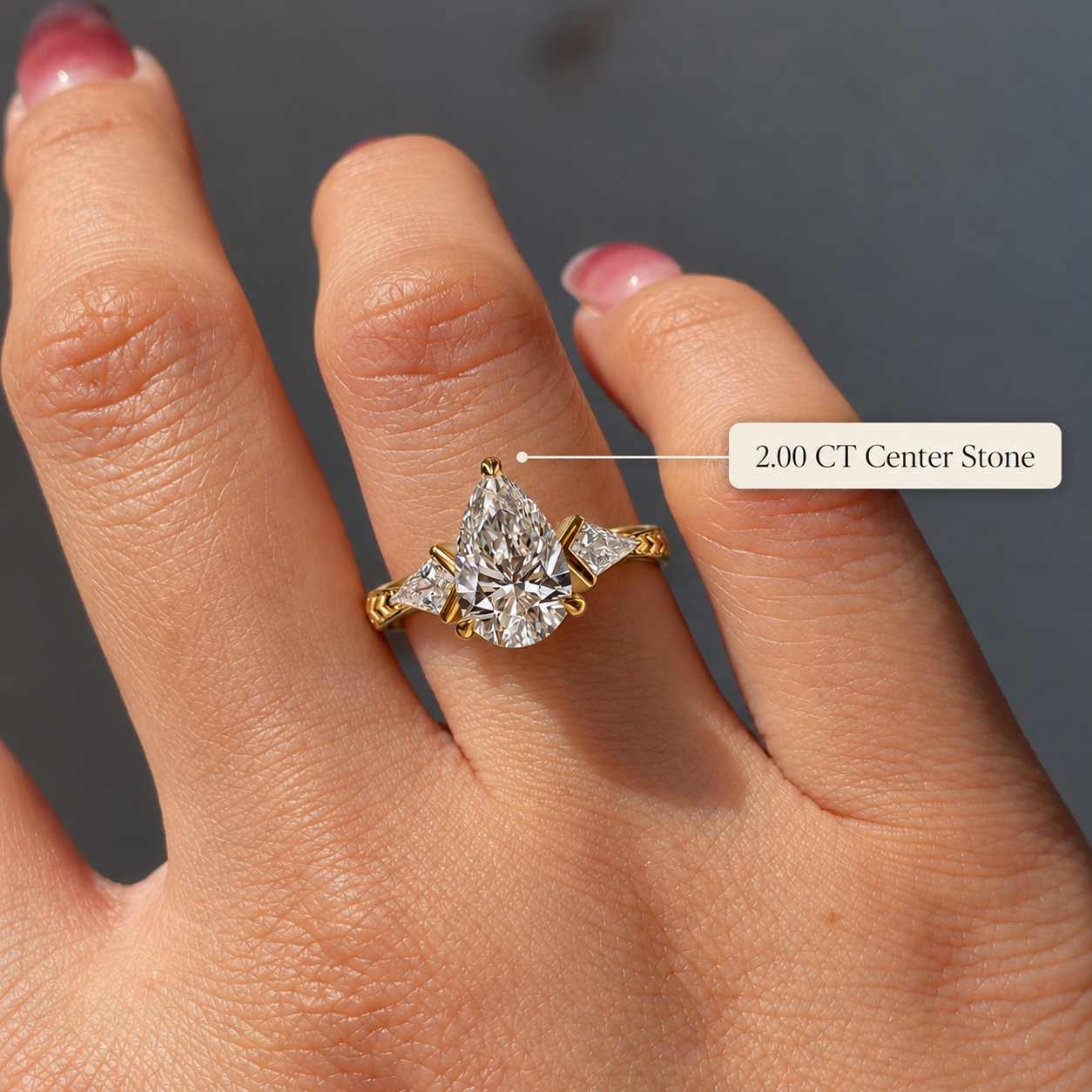 Pear Lab Grown Diamond Engagement Ring Three Stone Kite Side 14K Yellow Gold IGI Certified