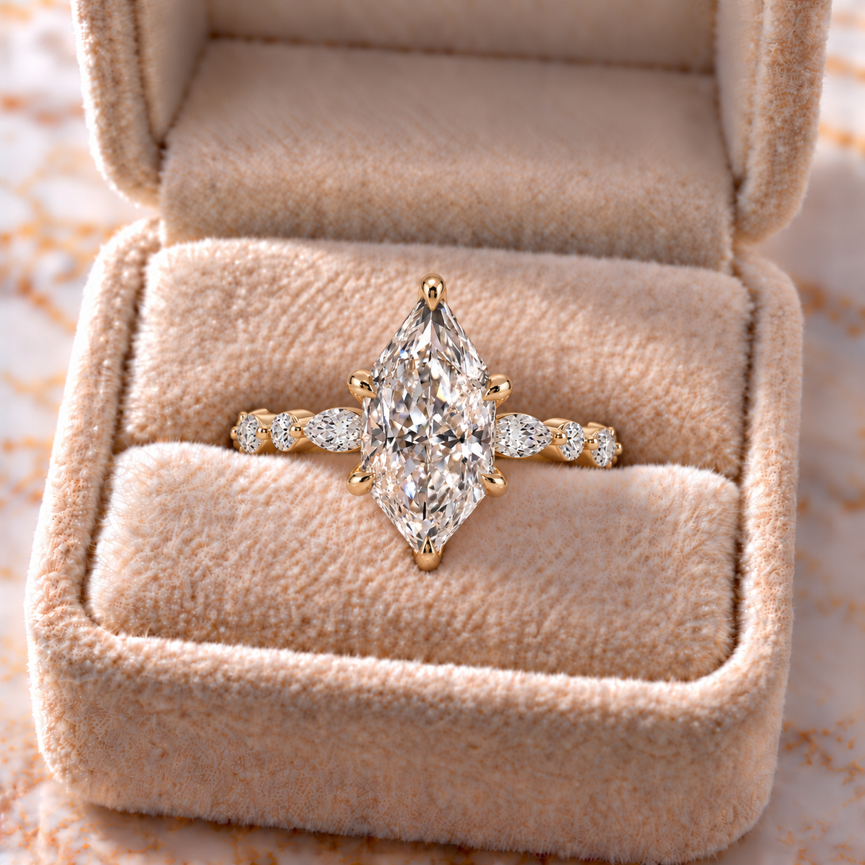 Dutch Marquise Lab Grown Diamond Engagement Ring Marquise Side Stone 14K Yellow Gold IGI Certified