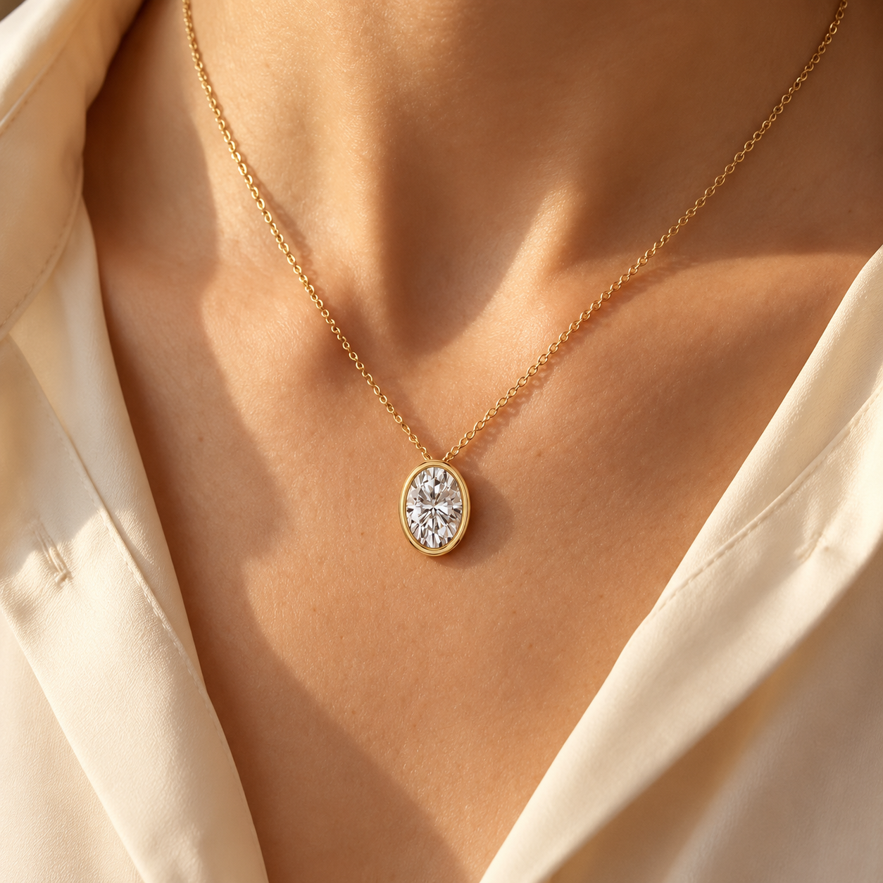Oval Lab Grown Diamond Pendant Necklace Bezel Set 14K Gold IGI Certified Diamond Charm