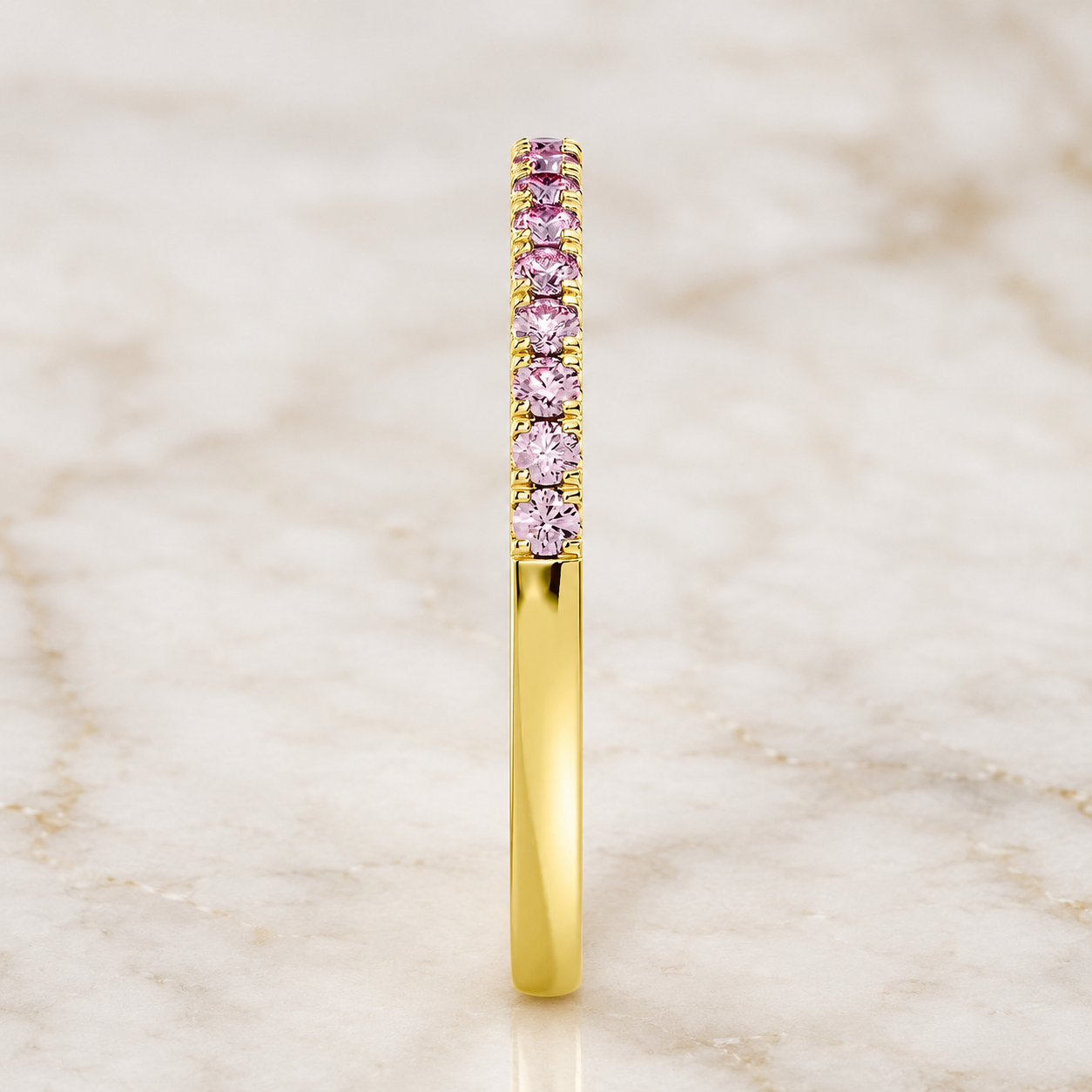 Pink Round Lab Grown Diamond Wedding Band Pave 14K Yellow Gold Stackable Ring for Her