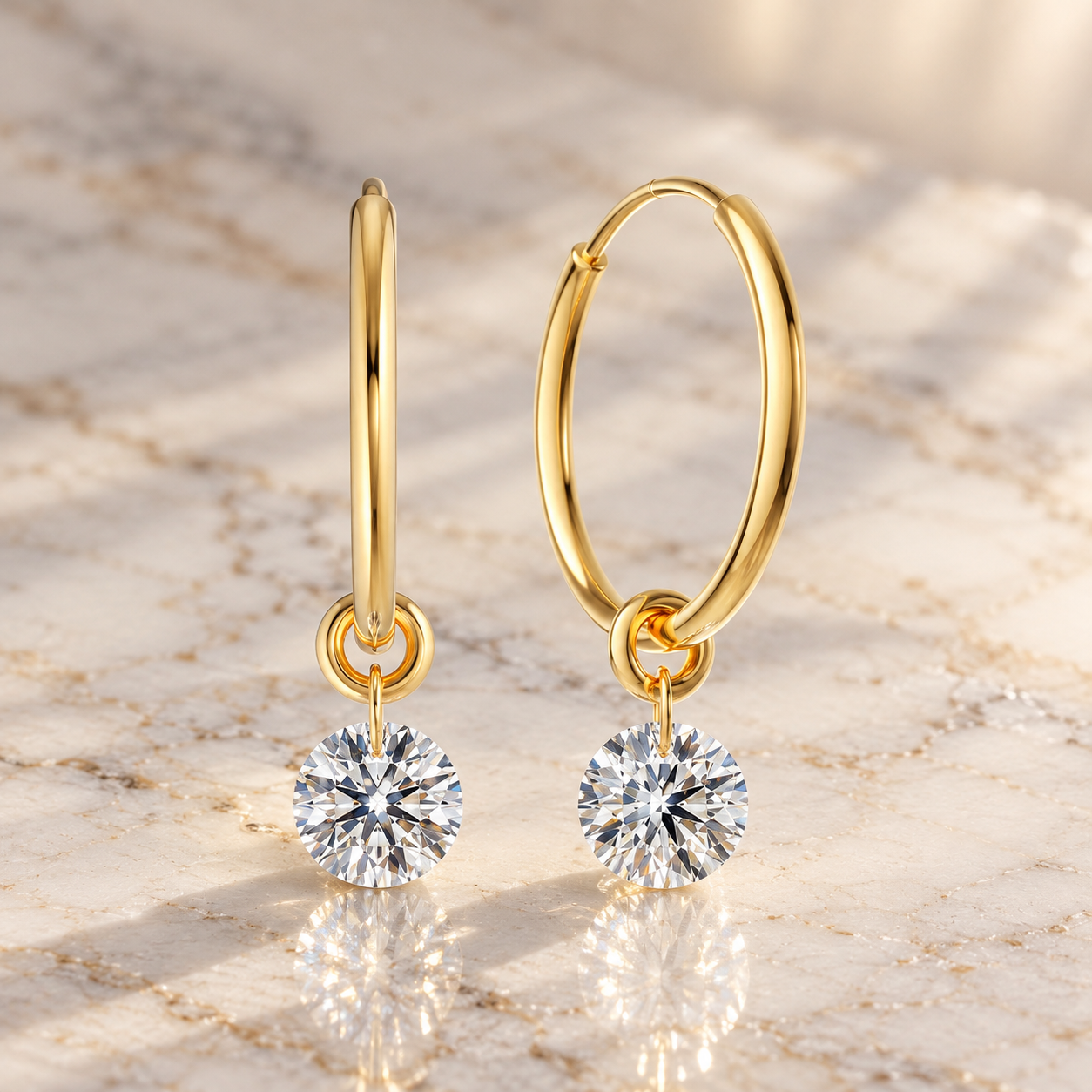 Lab Diamond Hoop Earrings Round Dangle Drop 14K Yellow Gold IGI Certified