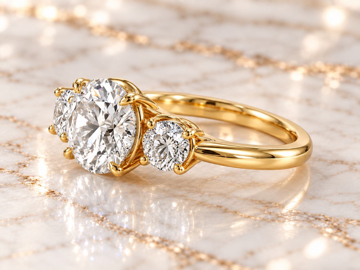 Round Lab Grown Diamond Engagement Ring Three Stone 14K Yellow Gold IGI Certified