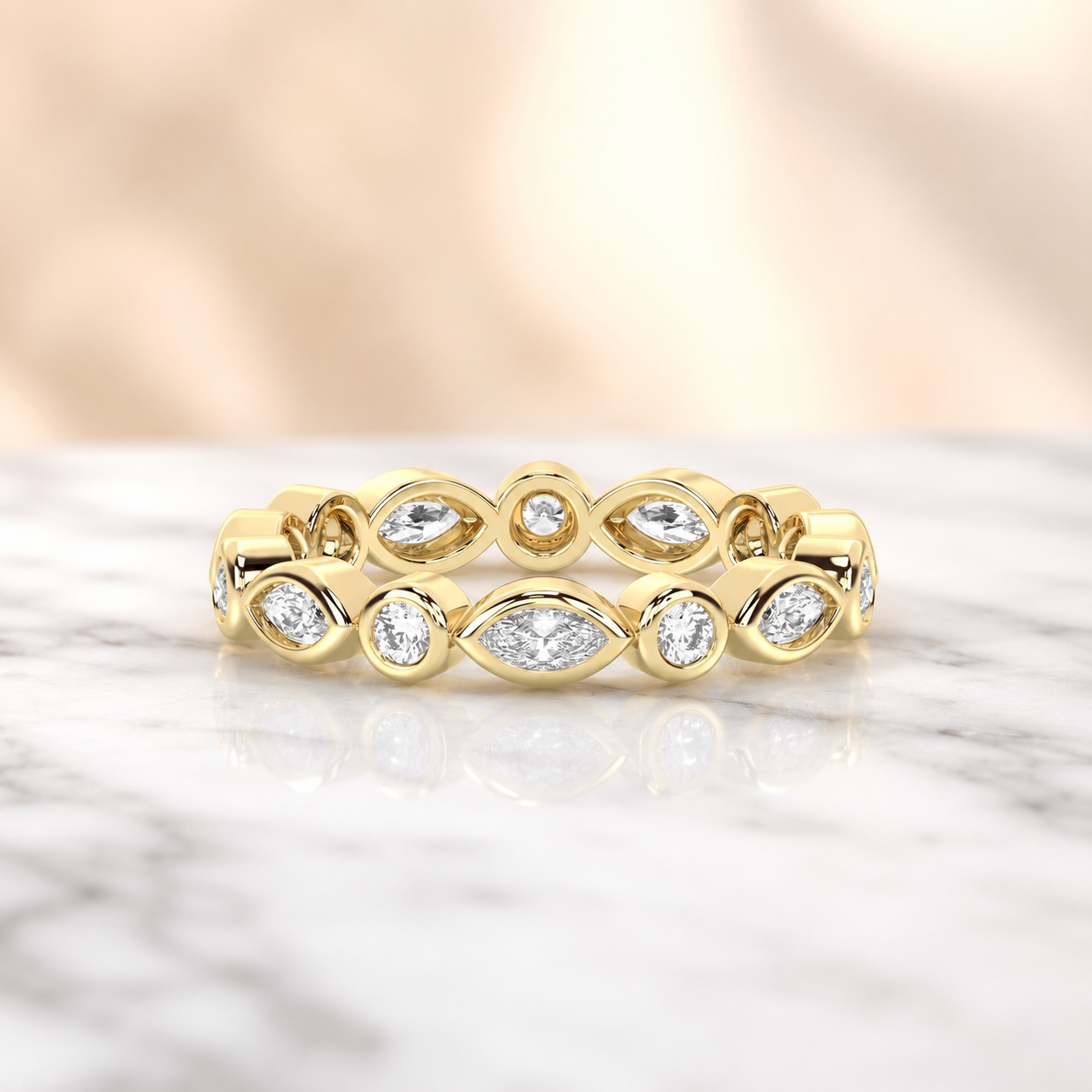 Marquise & Round Lab Grown Diamond Full Eternity Band – 14K Yellow Gold Bezel Set — view 2