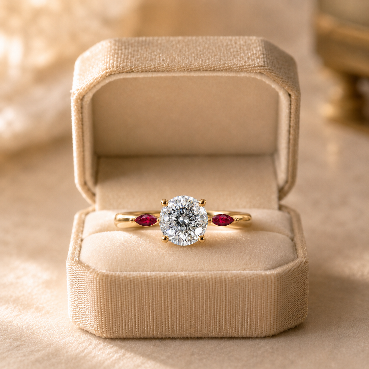 Portuguese Lab Grown Diamond Engagement Ring Three Stone Solitaire 14K Yellow Gold Marquise Ruby Accents