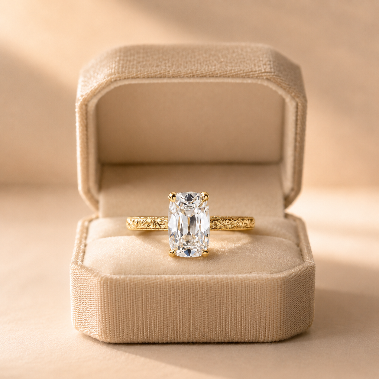Cushion Lab Grown Diamond Engagement Ring – Vintage Solitaire 14K Yellow Gold – IGI Certified 2ct VVS2 E