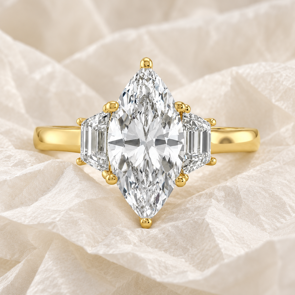 Marquise Lab Grown Diamond Engagement Ring Three Stone 14K Gold IGI Certified E/VVS2