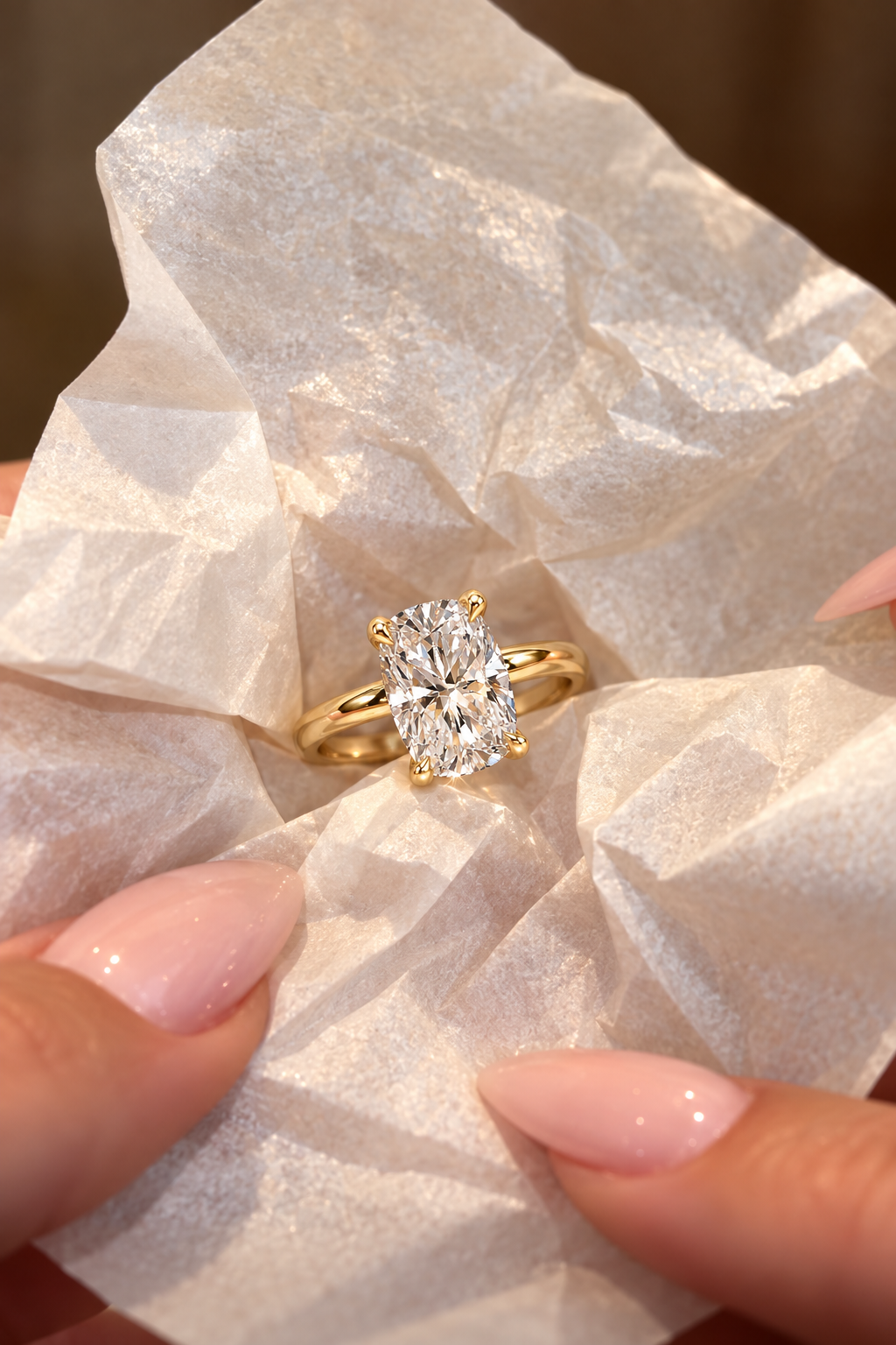 Cushion Lab Grown Diamond Engagement Ring Hidden Halo Solitaire 14K Yellow Gold VVS2 E