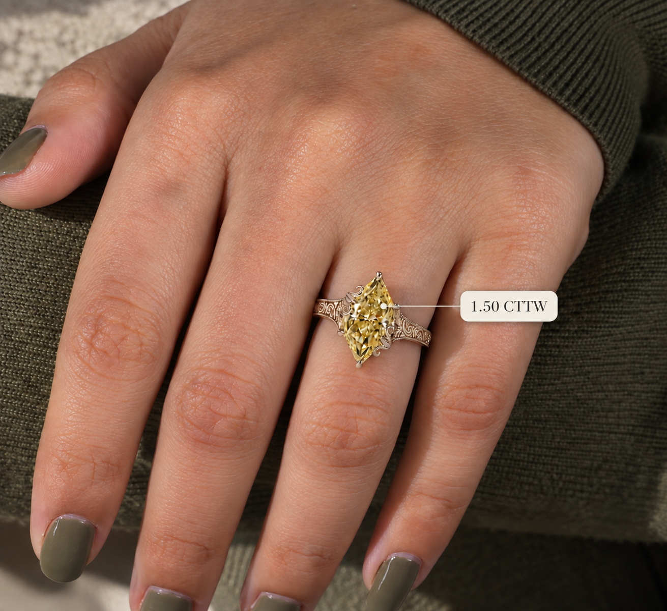 Yellow Dutch Marquise Lab Grown Diamond Engagement Ring Art Deco Tulip 14K Gold IGI Certified VVS2 - VS1