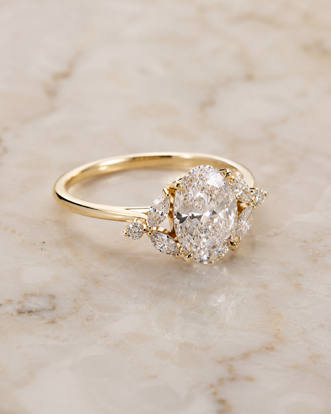 Oval Lab Grown Diamond Engagement Ring  Floral Cluster 14K Yellow Gold IGI Certified 1.54 Carat E VVS2