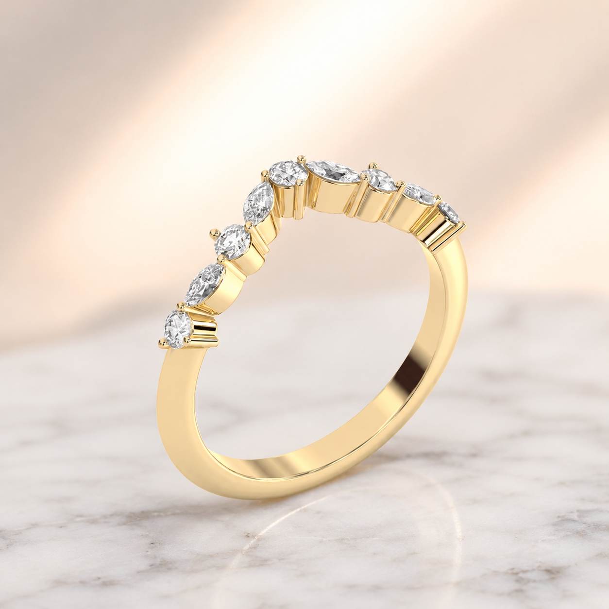 Lab Grown Diamond Contour Wedding Band Pave 14K Yellow Gold Alternating Marquise Round, IGI Certified