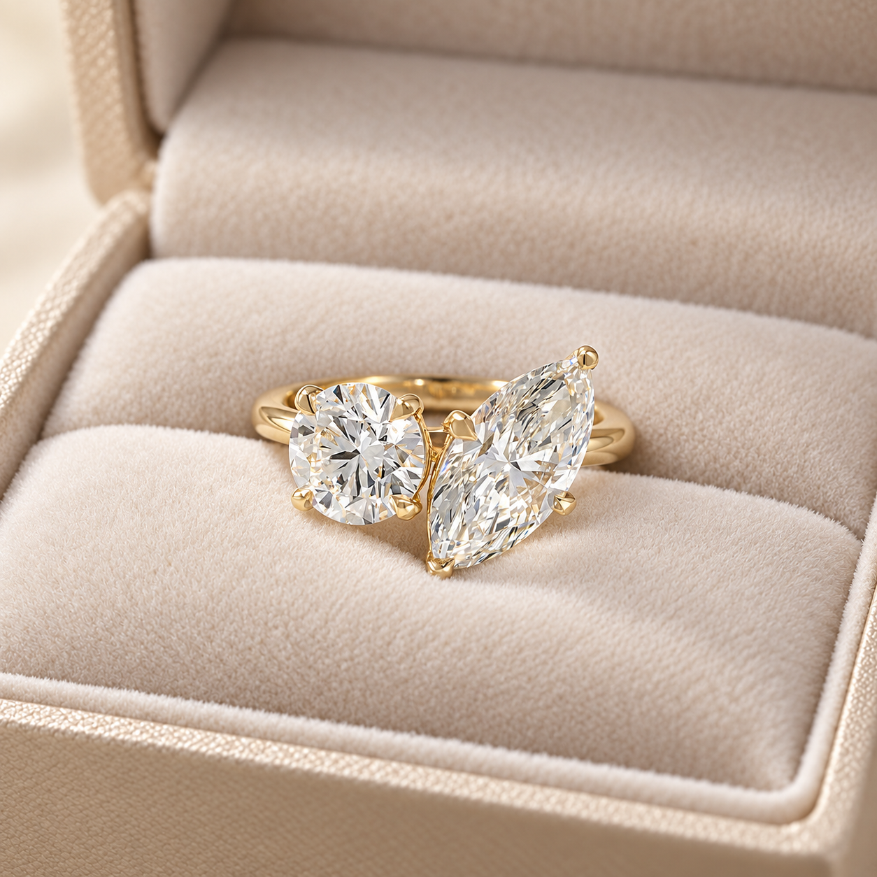 Marquise & Round Lab Grown Diamond Engagement Ring Two Stone Toi et Moi 14K Yellow Gold