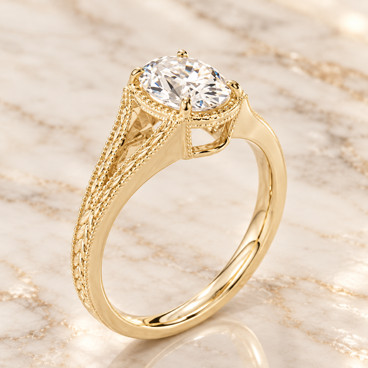 Oval Lab Grown Diamond Engagement Ring Vintage Split Shank 14K White Gold IGI Certified 2 Carat
