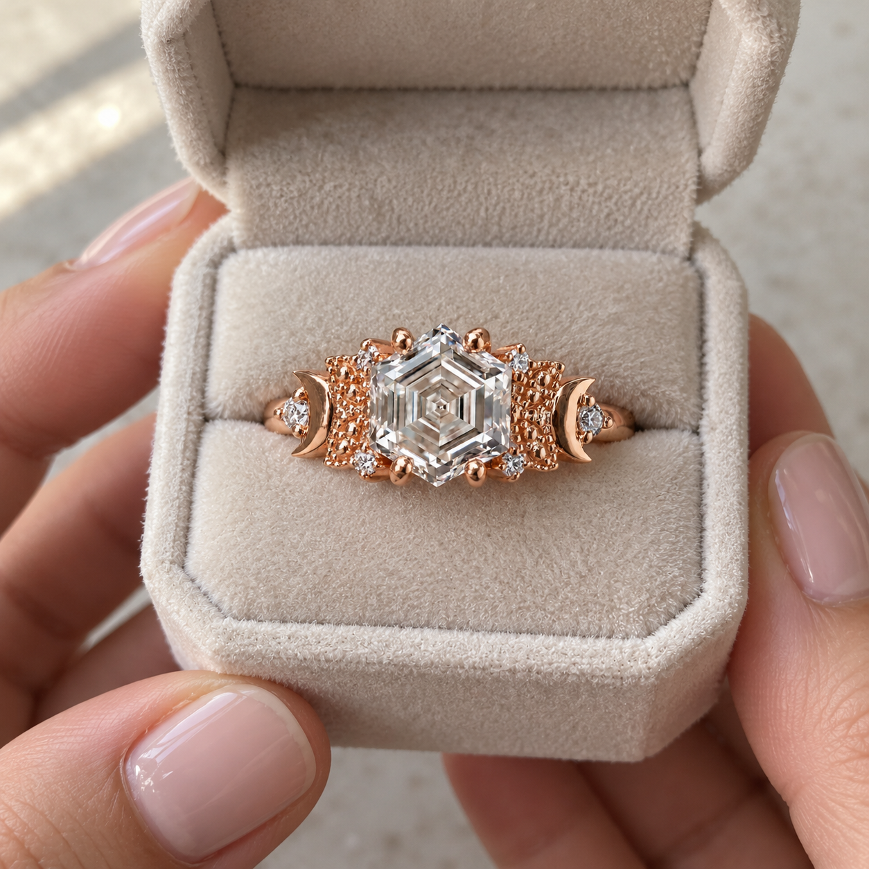 Hexagon Step Cut Lab Grown Diamond Engagement Ring Vintage Milgrain 14K Rose Gold Crescent Moon Accents