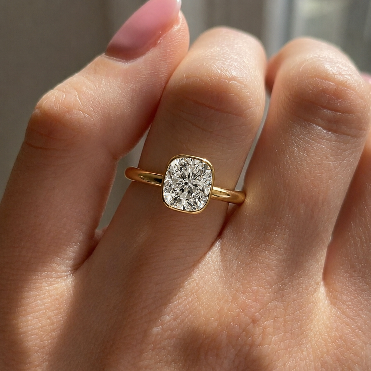 Cushion Lab Grown Diamond Engagement Ring Half Bezel Solitaire 14K Yellow Gold IGI Certified 1 Carat