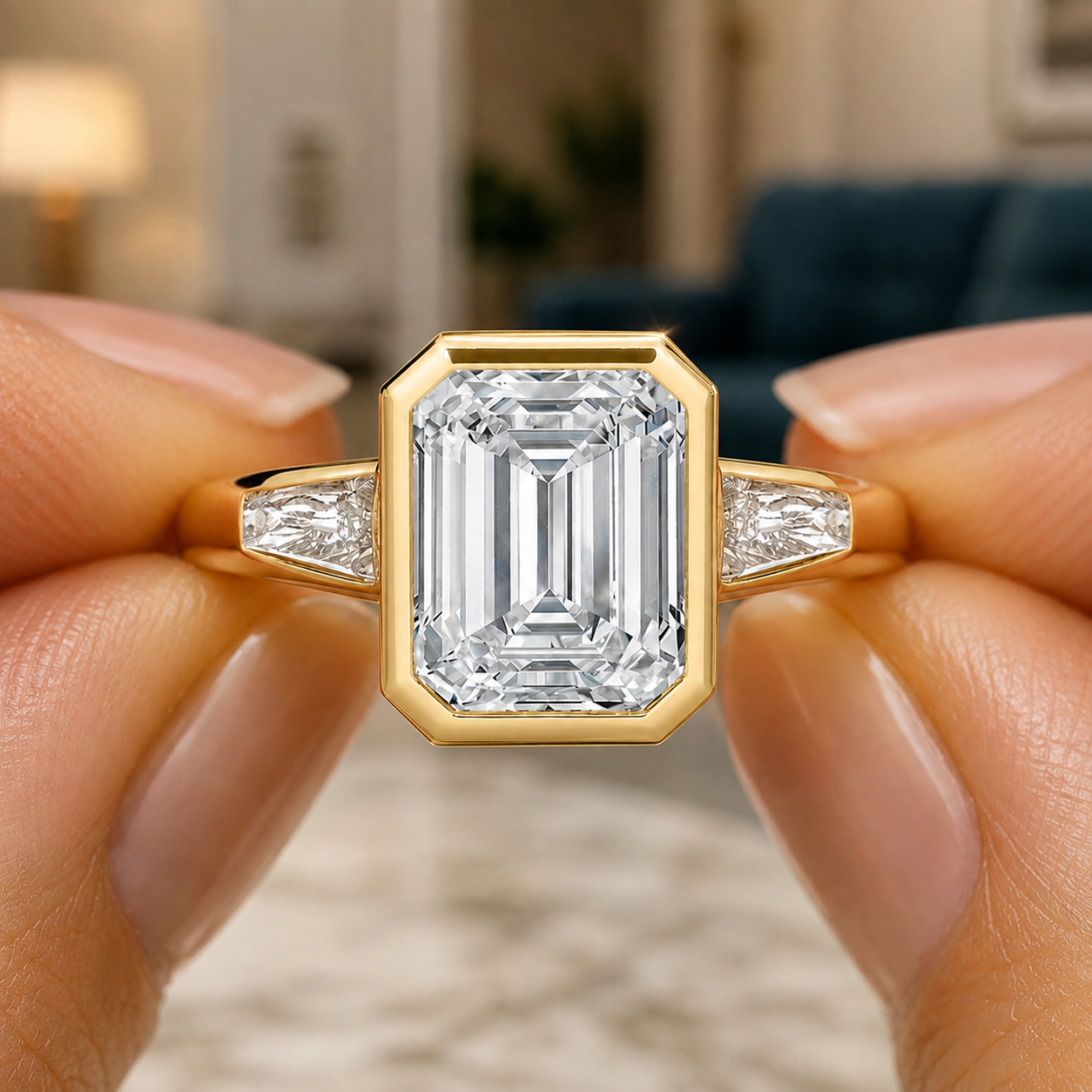 Emerald Cut Lab Grown Diamond Engagement Ring Three Stone Bezel 14K Yellow Gold Tapered Baguette Setting