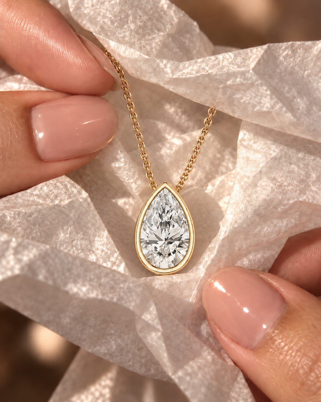 Pear Lab Grown Diamond Bezel Pendant Necklace, 14K Gold, IGI Certified