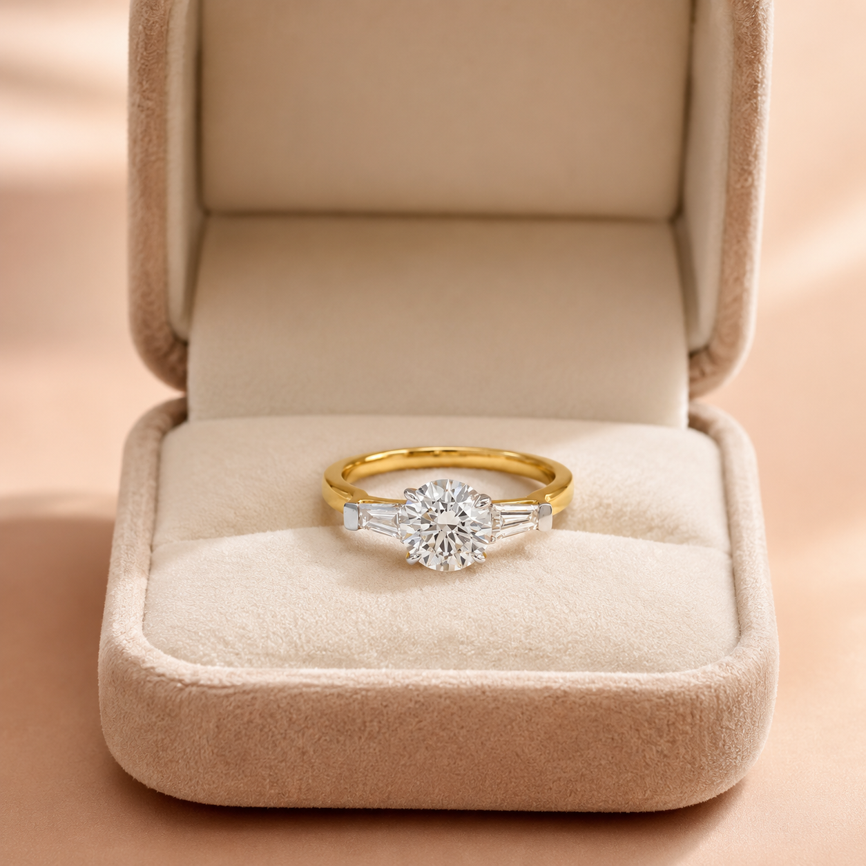 Round Lab Grown Diamond Engagement Ring Three Stone Tapered Baguette 14K Yellow Gold 1.35ct E/VVS2