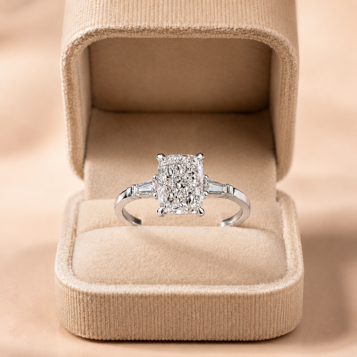 Cushion Lab Grown Diamond Engagement Ring Three Stone 14K White Gold Tapered Baguette 2 Carat