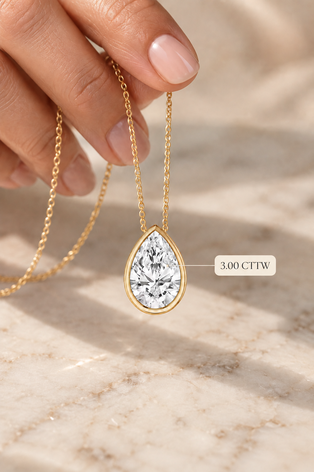 Pear Lab Grown Diamond Bezel Pendant Necklace, 14K Gold, IGI Certified