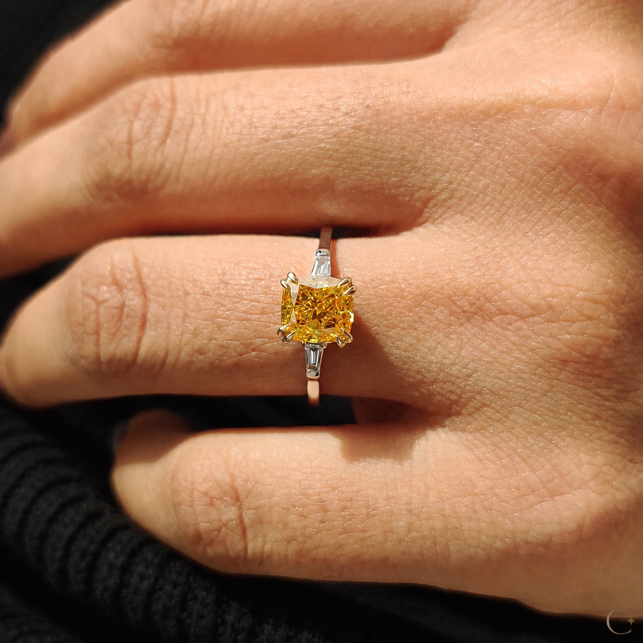 Yellow Cushion Lab Grown Diamond Engagement Ring Three Stone 14K White Gold Tapered Baguette, IGI Certified