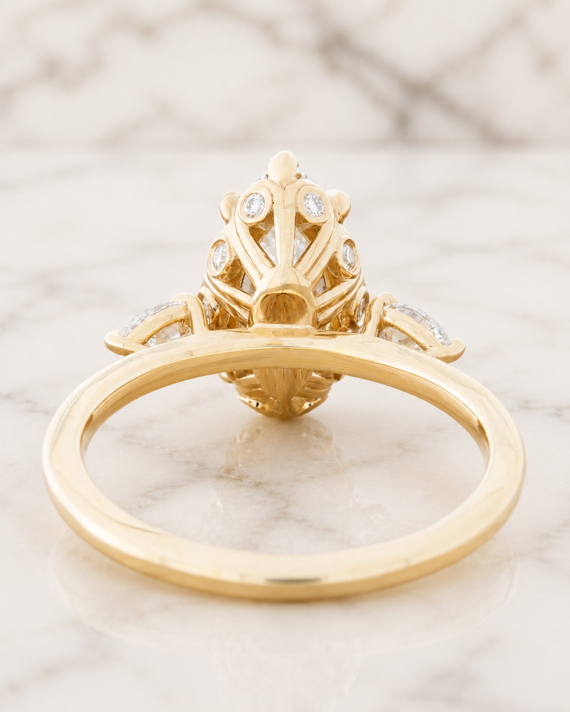 Marquise Lab Grown Diamond Engagement Ring Three Stone Pear 14K Yellow Gold 2 Carat, IGI Certified