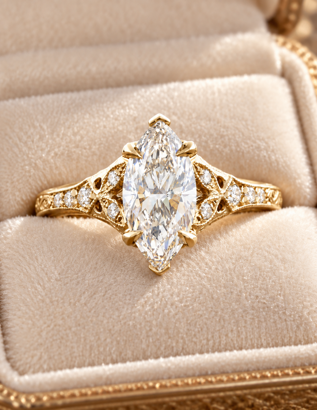 Marquise Lab Grown Diamond Engagement Ring Vintage Split-Shank 14K Yellow Gold E VVS2 1.5 Carat