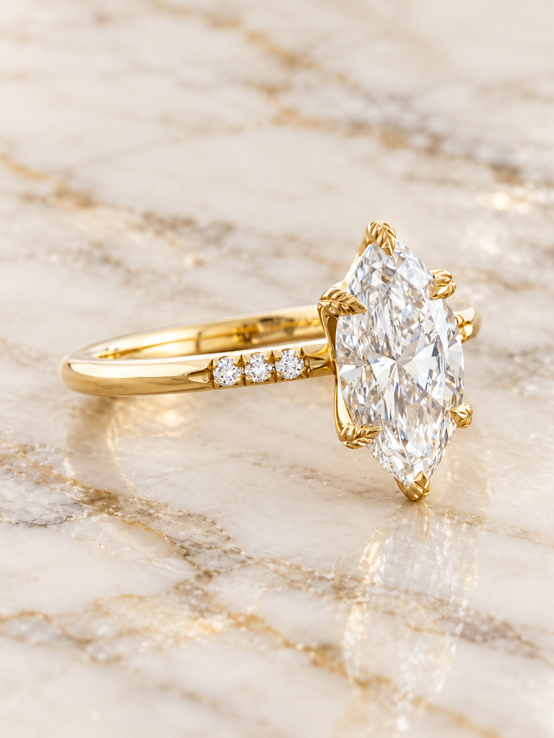Marquise Lab Grown Diamond Engagement Ring Solitaire Pave Band 14K Yellow Gold IGI Certified