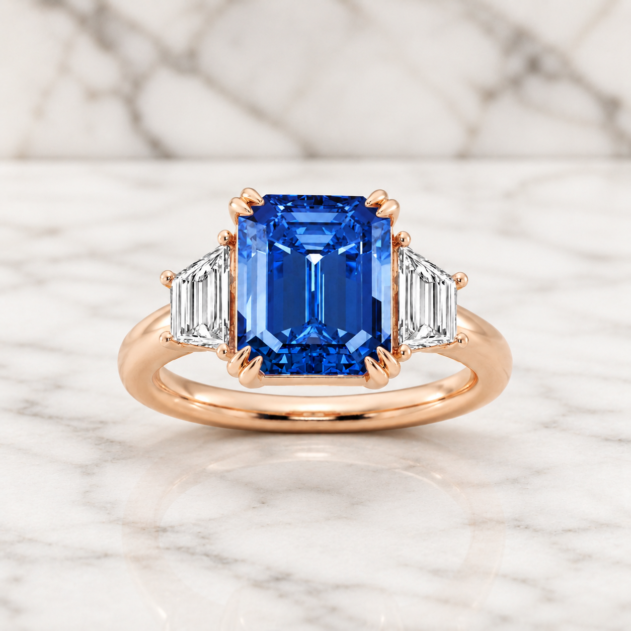 Emerald Cut Sapphire Lab Grown Diamond Engagement Ring Three Stone Trapezoid 14K Rose Gold 1ct E VVS2