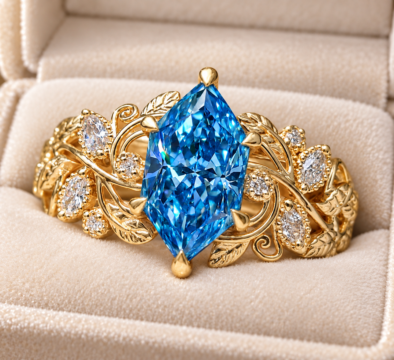 Blue Marquise Lab Grown Diamond Engagement Ring Leaf & Vine 14K Gold IGI Certified 1.5 Carat